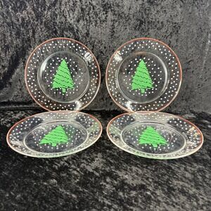 Arcoroc France Christmas Tree 8"Dessert Plates Set of 4 Clear Confetti Red‎ Rim